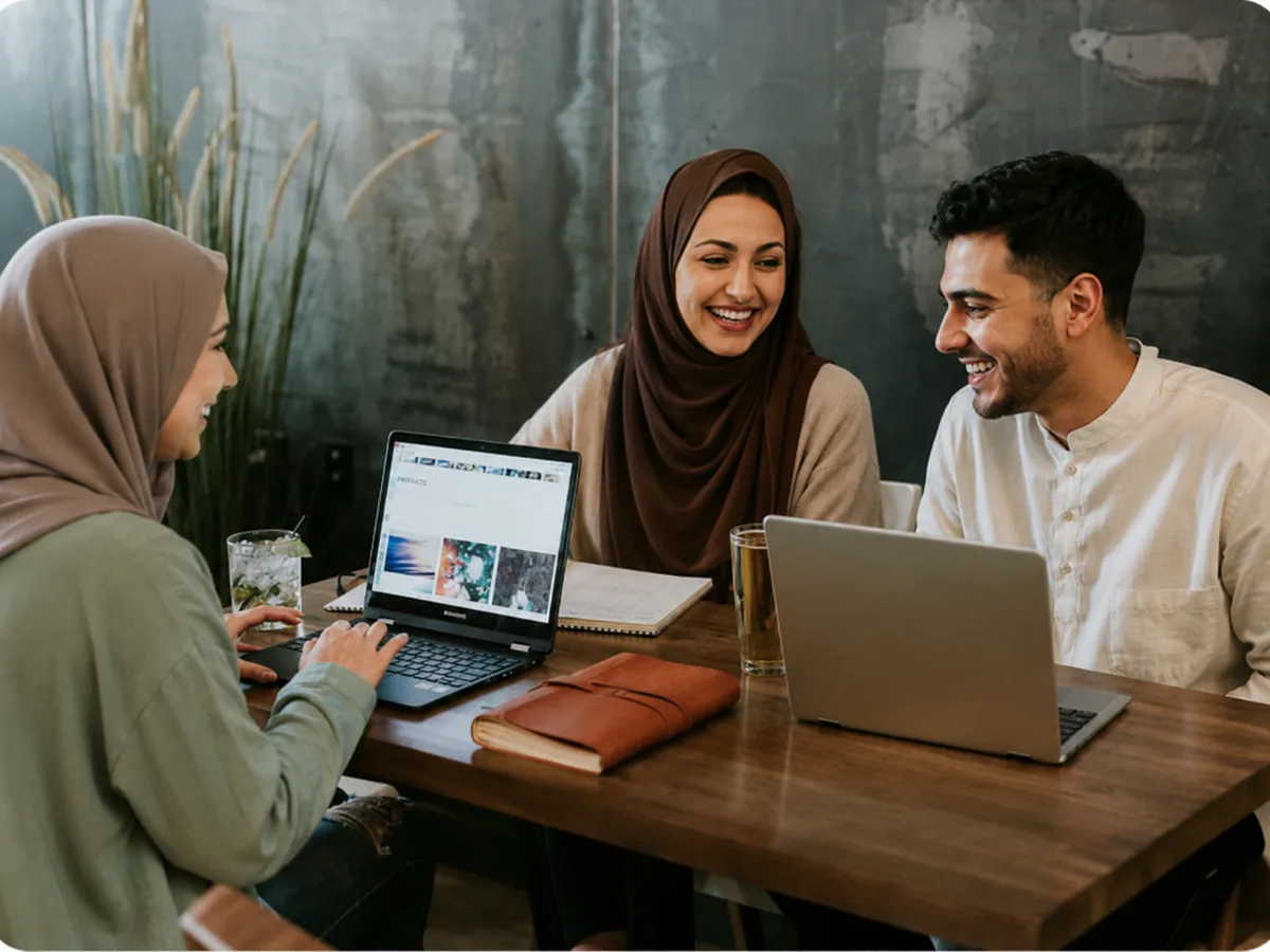 Three colleagues working together over laptops at a shared table